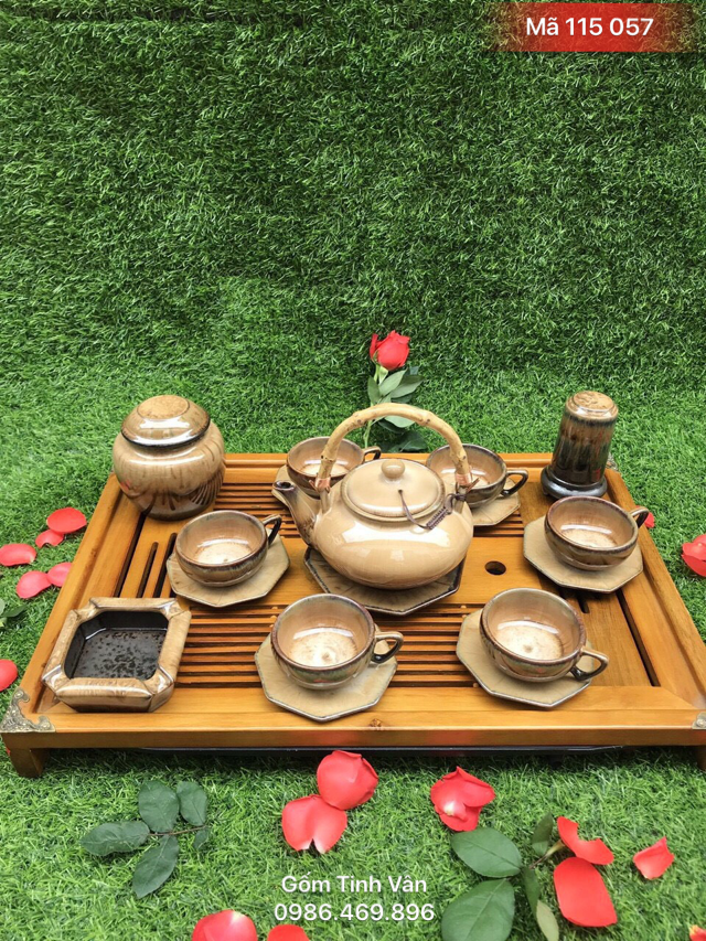 Bộ bình trà khay gỗ, men nâu hoả biến, mã 115057, vân đá cẩm thạch, có phụ kiện, gốm bát tràng, tinh vân