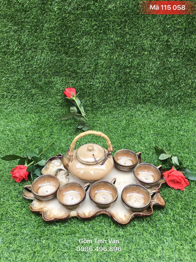 Bộ bình trà khay gốm, ấm quai mây, mã 115058, men nâu đá, gốm bát tràng, tinh vân