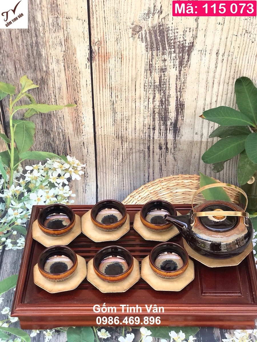 Bộ bình trà men hổ phách hoả biến, mã 115073, quai đồng, đĩa lục giác, dung tích ấm 450ml, khay gỗ 2 ngăn sang trọng, ấm chén gốm bát tràng