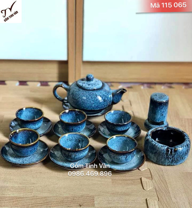 Bộ bình trà men xanh đá cẩm thạch, mã 115065, ấm 500 ml, có thêm ống tăm và gạt tàn, sang trọng, gốm sứ bát tràng, tinh vân