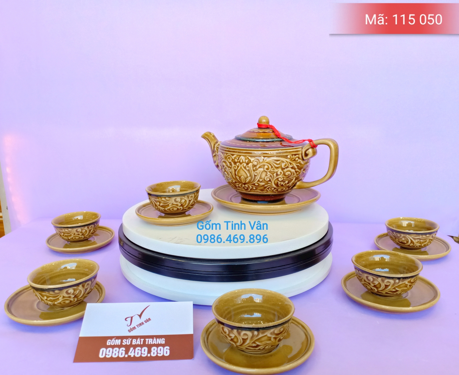 Bộ bình trà hoa văn chạm khắc nổi, mã 115050 men vàng, hoàng thổ, gốm bát tràng tinh vân