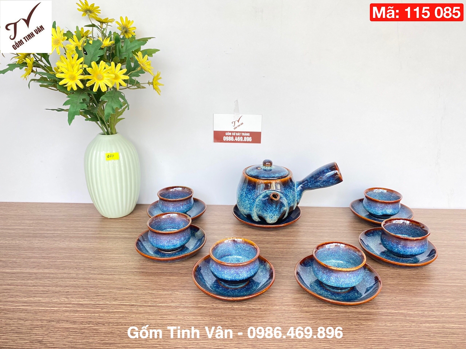 Bộ trà quai ngang men xanh lam hỏa biến, mã 115085, dung tích 500 ml, bộ ấm chén quà tặng, quà biếu sang trọng, gốm sứ bát tràng tinh vân