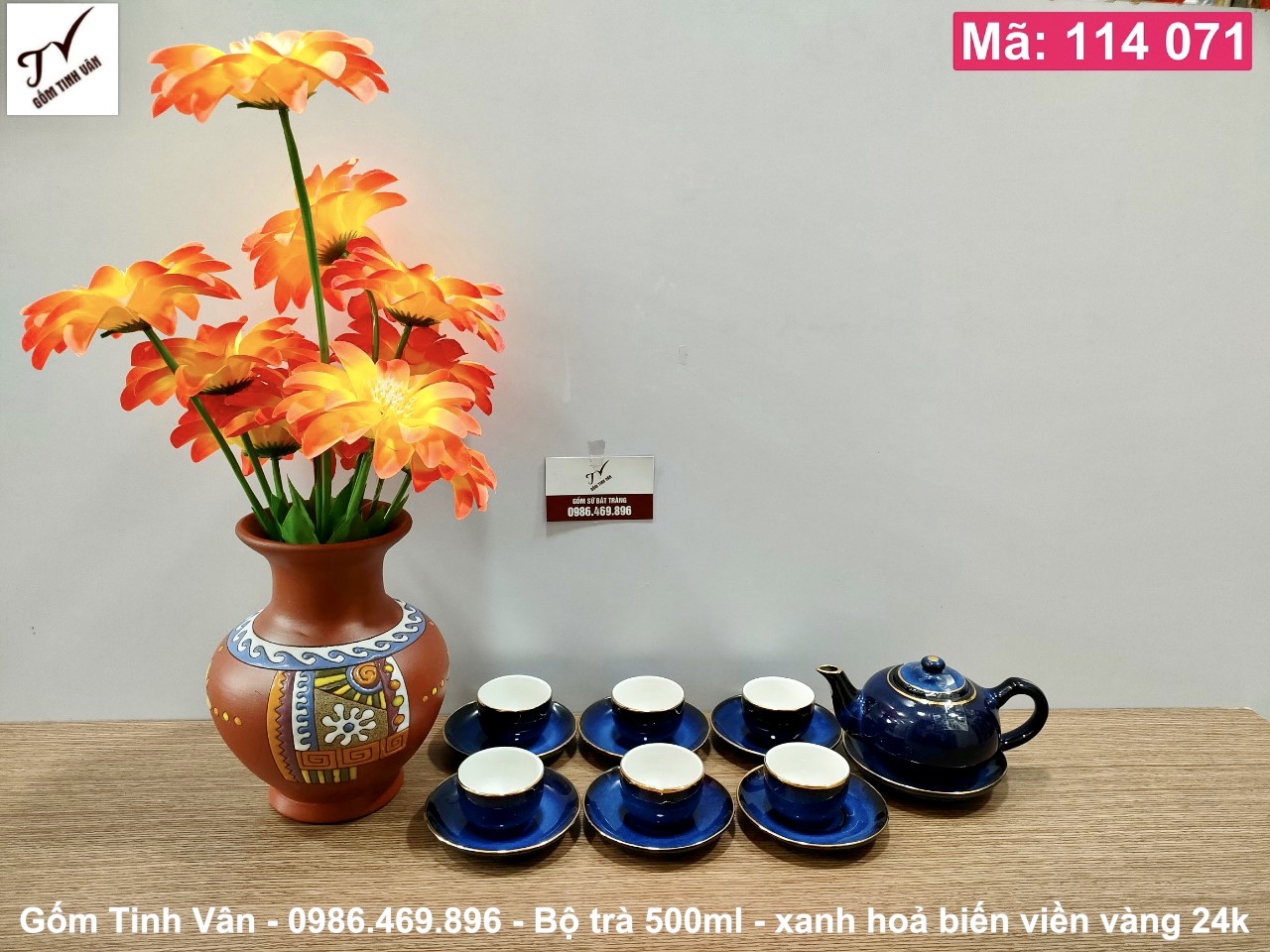 Bộ ấm chén, bình trà 500ml, mã 114071, men xanh đá hoả biến, viền vàng 24k cao cấp, gốm sứ bát tràng tinh vân