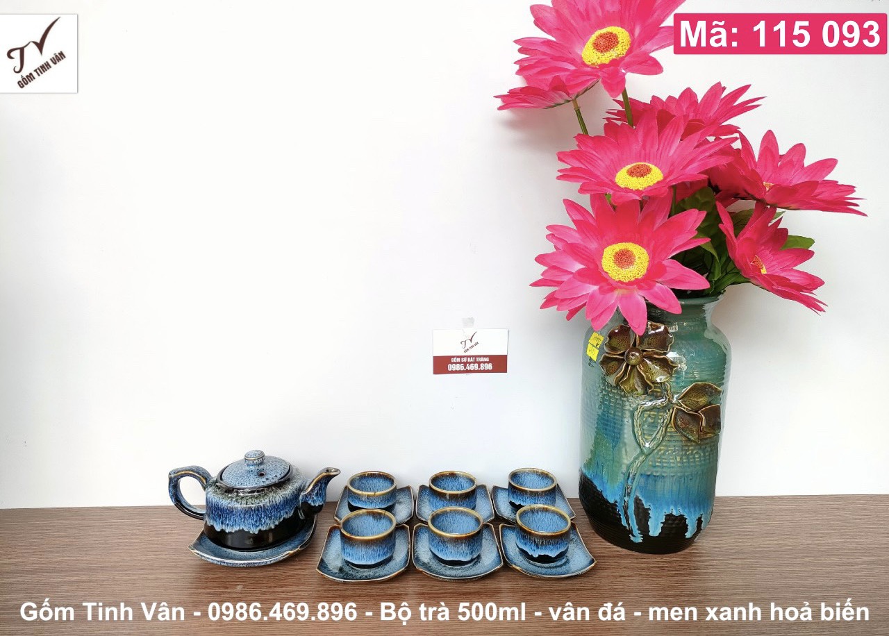 Bộ ấm chén, bình trà 500ml, mã 115093, men xanh vân đá hoả biến độc đáo, gốm sứ bát tràng tinh vân cao cấp