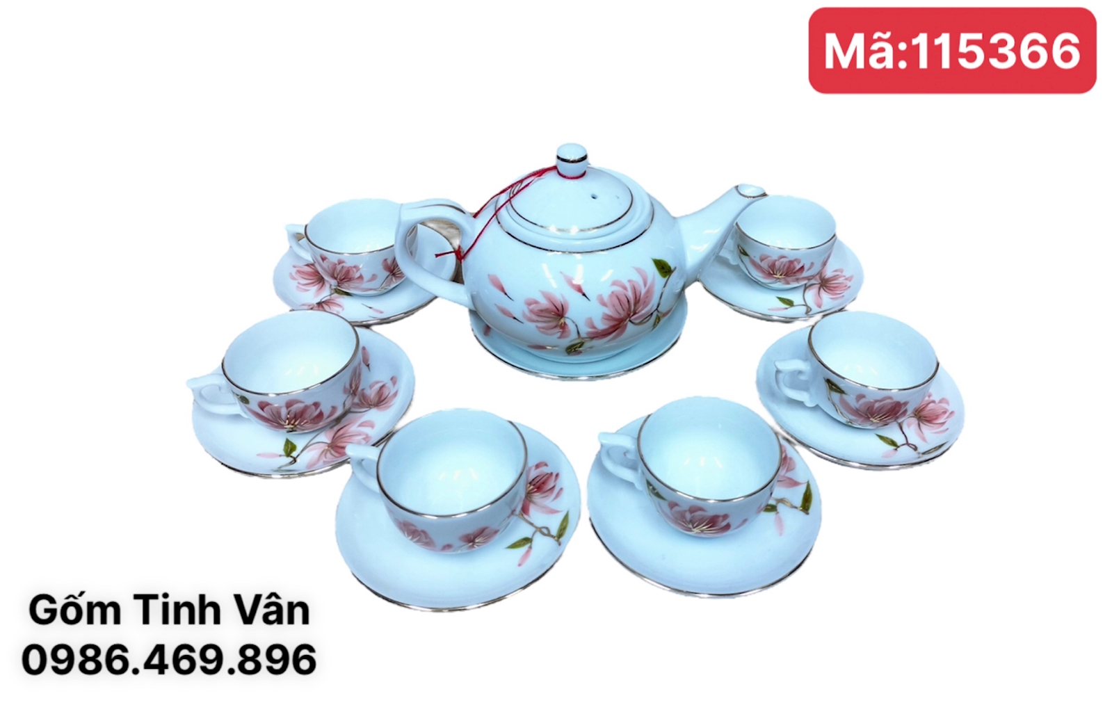 Bộ ấm chén trà mã 115366 men trắng 600ml, viền vàng 24 k hoa đào hồng, Bát Tràng tinh vân