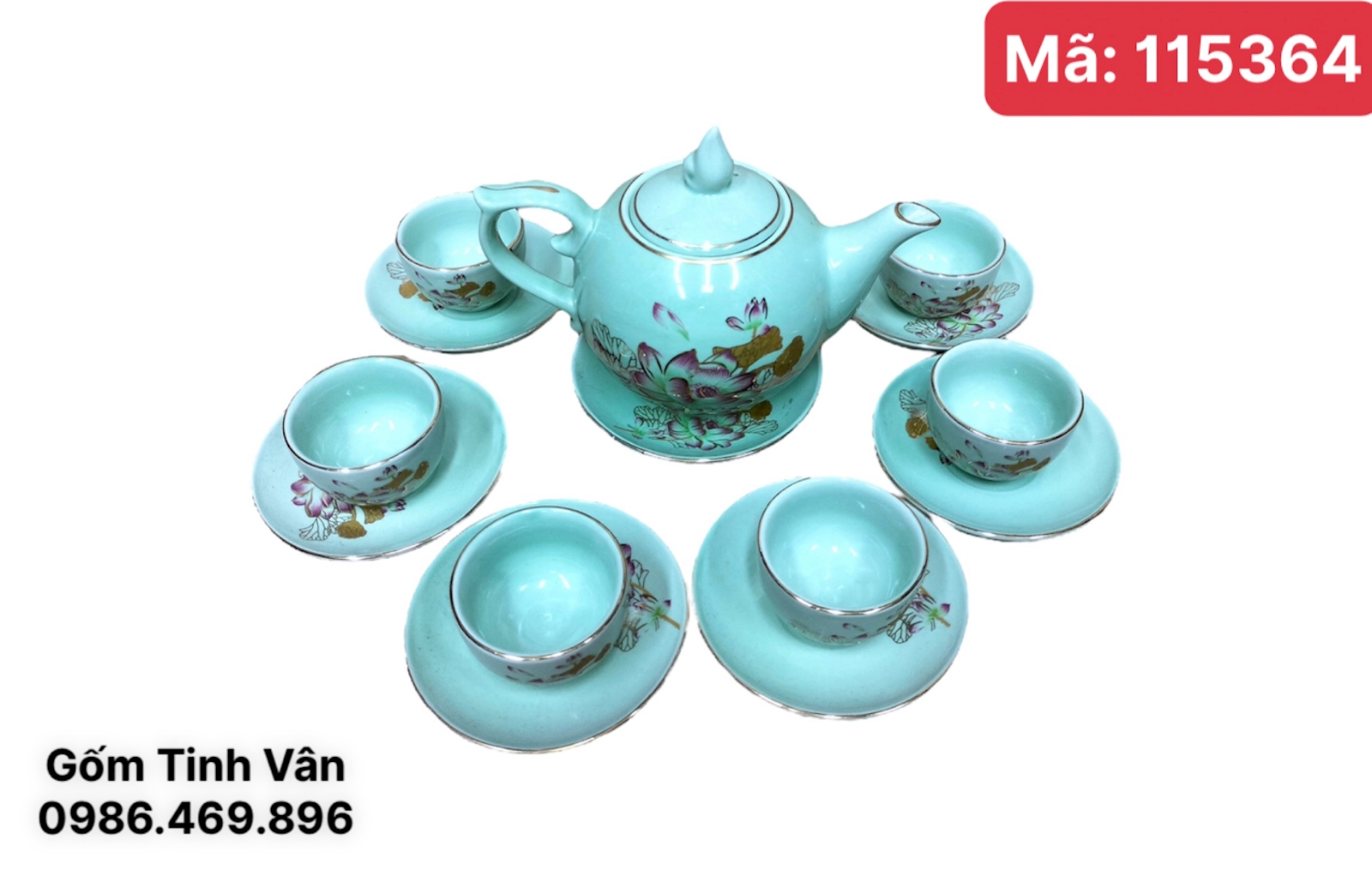 Bộ bình trà, mã 115364, men xanh ngọc vẽ vàng 24k, sen hồng 600ml, gốm Bát Tràng tinh vân