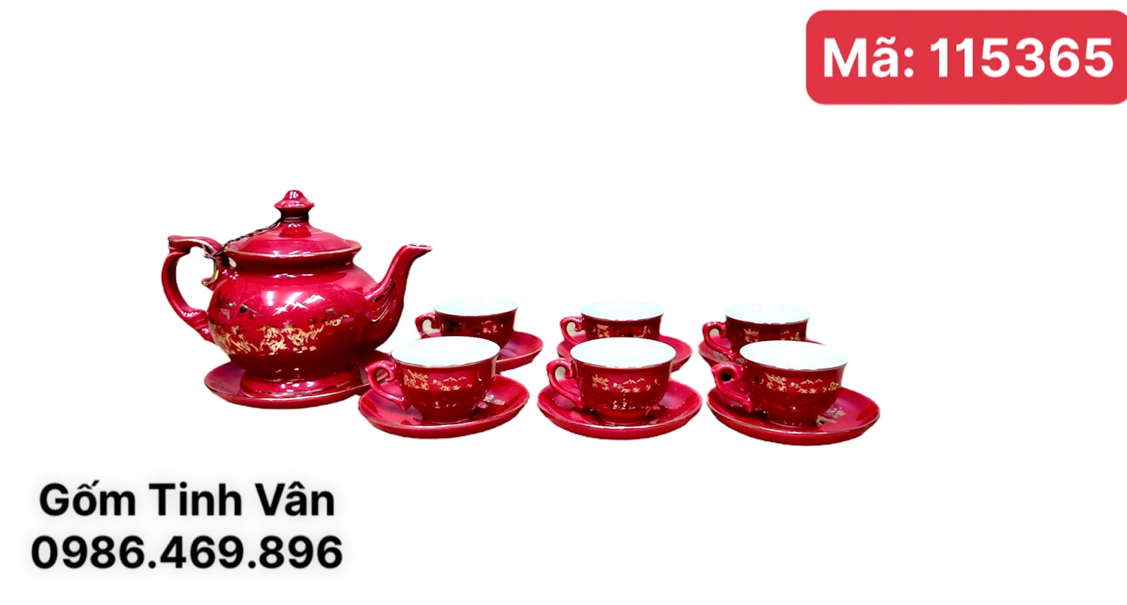 Bộ bình trà, mã 115365, men đỏ vẽ vàng 24 k, 600ml, dáng  phú quý, cảnh mã đáo thành công