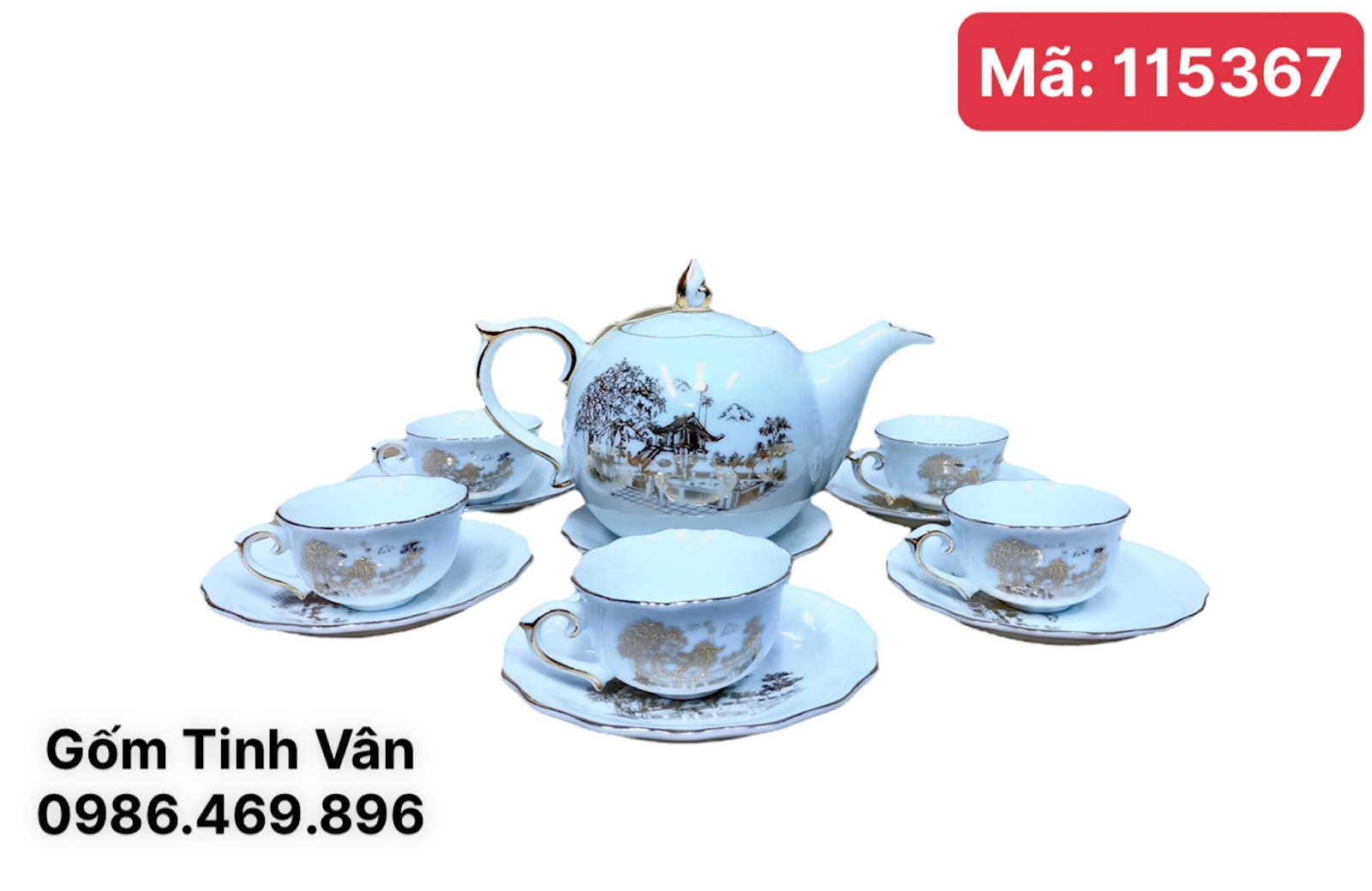 Bộ bình trà, mã 115367, men trắng vẽ vàng 24 k, cảnh chùa một cột, dáng mẫu đơn 700ml, Bát Tràng tinh vân