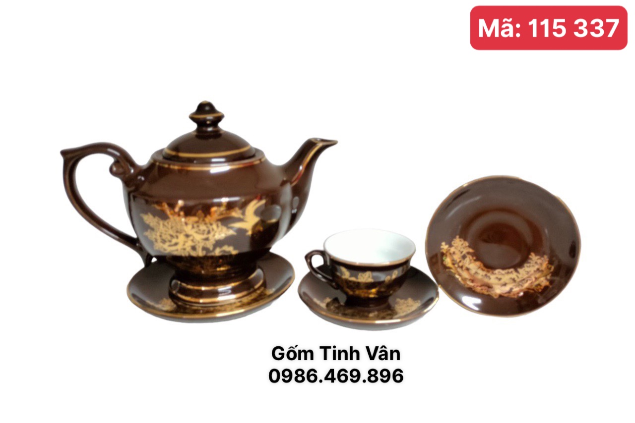 Bộ ấm chén men nâu mã 115337,hoạ tiết chim hoa phú quý viền vàng 24k, sang trọng, cao cấp, làm quà tặng, trọn bộ gồm 1 ấm,6 ly,7 đĩa gốm Tinh Vân Bát Tràng