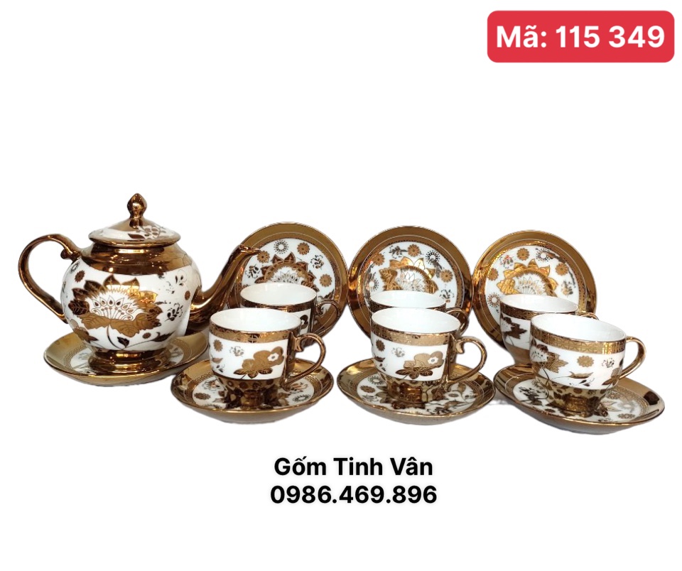 Bộ ấm chén men trắng mã 115349, hoạ tiết hoa viền vàng, sang trọng, cao cấp, làm quà tặng, trọn bộ gồm 1 ấm,6 ly,7 đĩa gốm Tinh Vân Bát Tràng