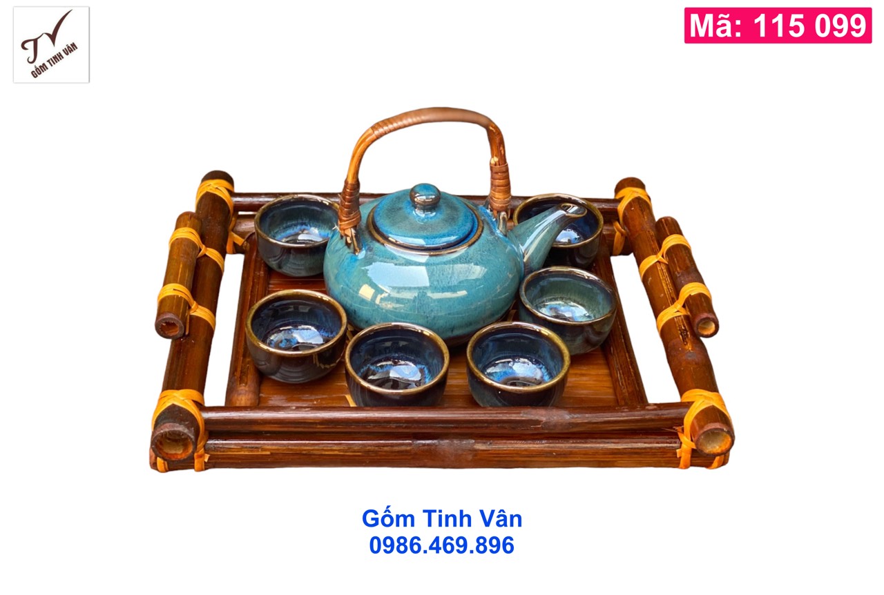 Bộ bình trà 450ml quai mây, mã 115099, men hoả biến, đỏ xanh nâu, khay tre, gốm sứ bát tràng tinh vậ