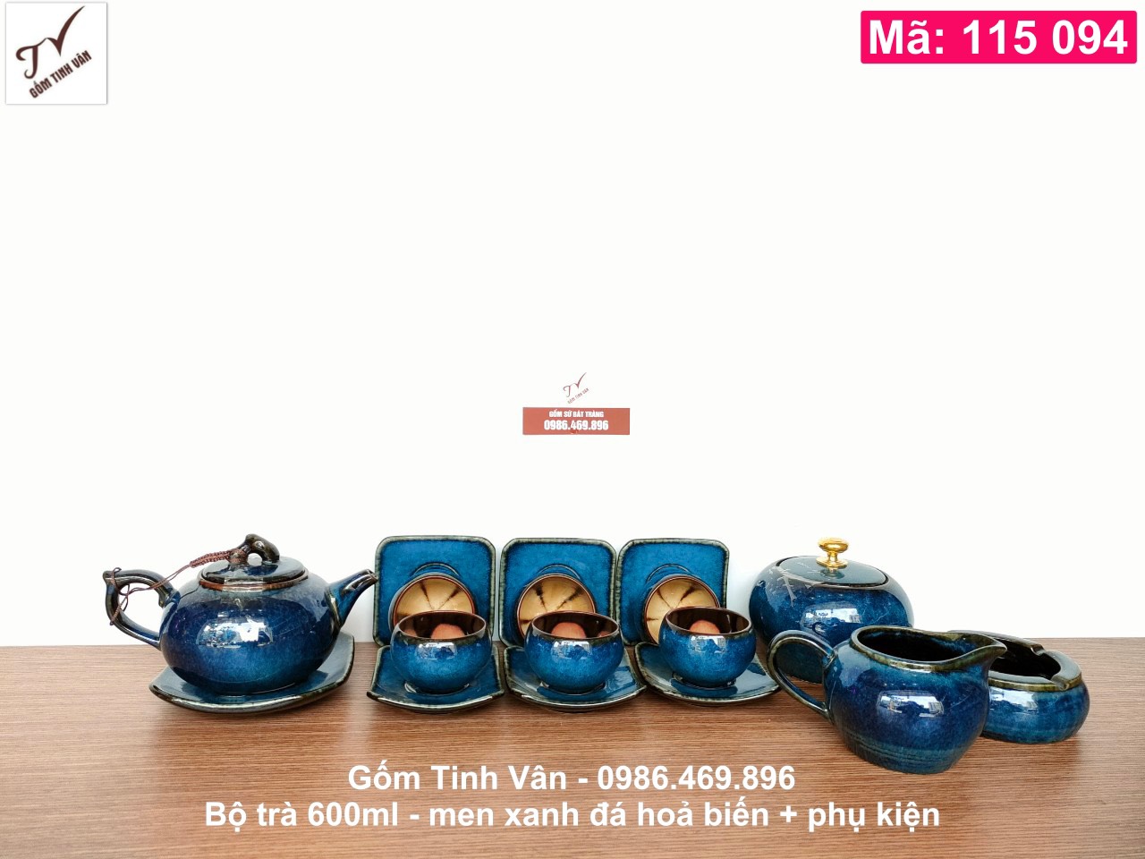 Bộ bình trà 600ml, mã 115094, men xanh đá hoả biến, thêm hộp trà, gạt tàn, chuyên trà, ấm chén gốm bát tràng tinh vân