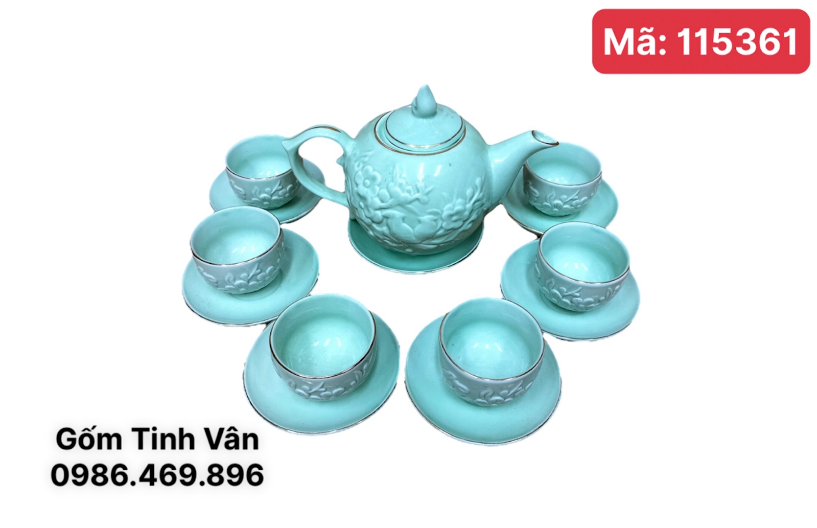 Bộ bình trà men xanh ngọc, mã 115361, đắp nổi 3D chim hoa đào, gốm sứ bát tràng tinh vân