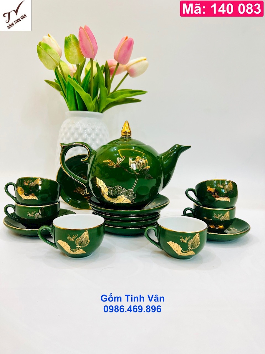 Bộ bình trà men xanh ngọc lục bảo, dáng phú quý, mã 140083, vẽ vàng 24k cao cấp, gốm bát tràng tinh vân
