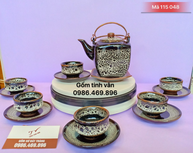 Bộ ấm chén trà men hoả biến, mã 115048, nâu da báo, gốm bát tràng tinh vân