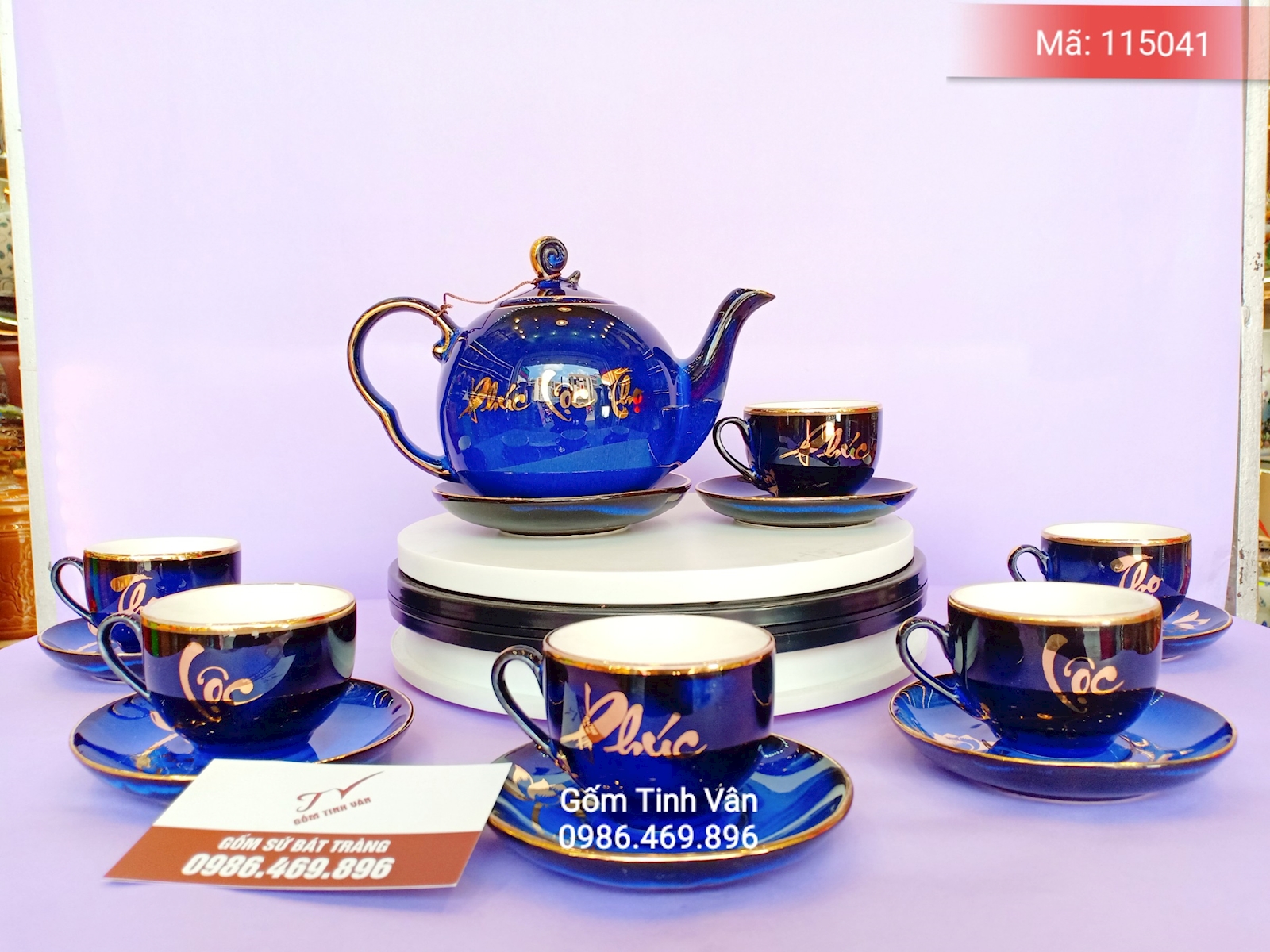 Bộ bình trà men xanh hoả biến, phúc lộc thọ khang ninh, mã 115041, vẽ vàng 24k, gốm bát tràng