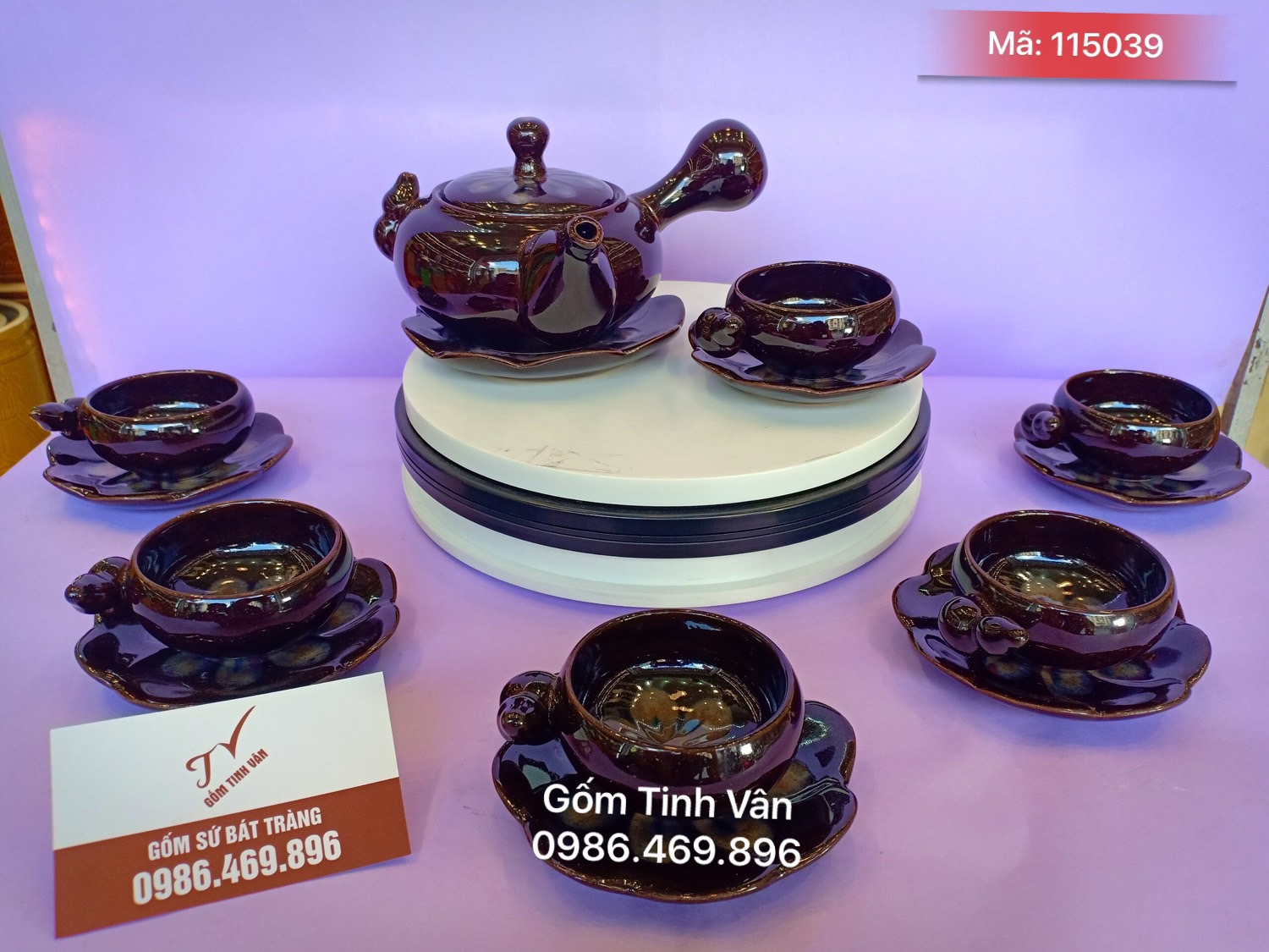 Bộ bình trà gốm nở hoa, men nâu bóng, mã 115039, gốm sứ bát tràng tinh vân