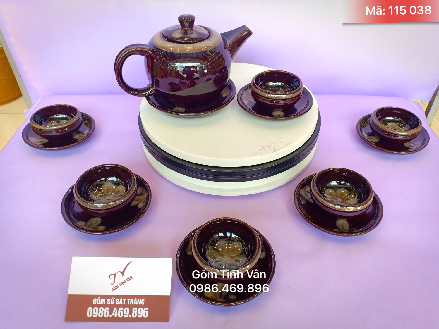 Bộ bình trà nở hoa men nâu, mã 115038, gốm sứ bát tràng tinh vân