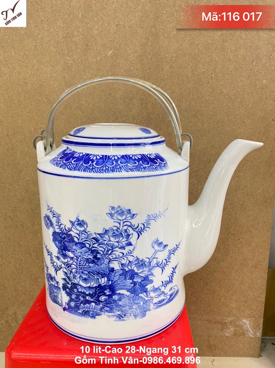 Ấm tích trà xanh 10 lit, mã 116017, hoa văn xanh lam cảnh chim hoa, cao 28 ngang 31 cm, ấm tích pha trà gốm bát tràng