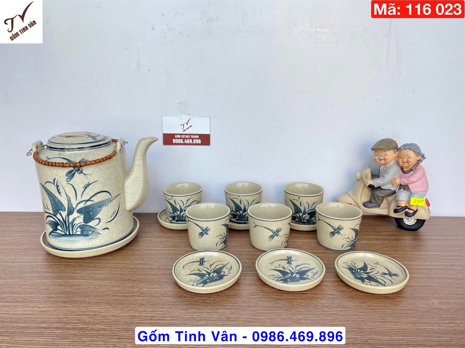 Bộ ấm tích pha trà xanh men rạn cổ, mã 116023, đủ cỡ 0,7-1-1,5 lit, vẽ tay hoa văn chuồn chuồn, 1 bộ gồm 1 ấm, 6 ly, 7 đĩa, ấm chén ủ trà gốm bát tràng tinh vân