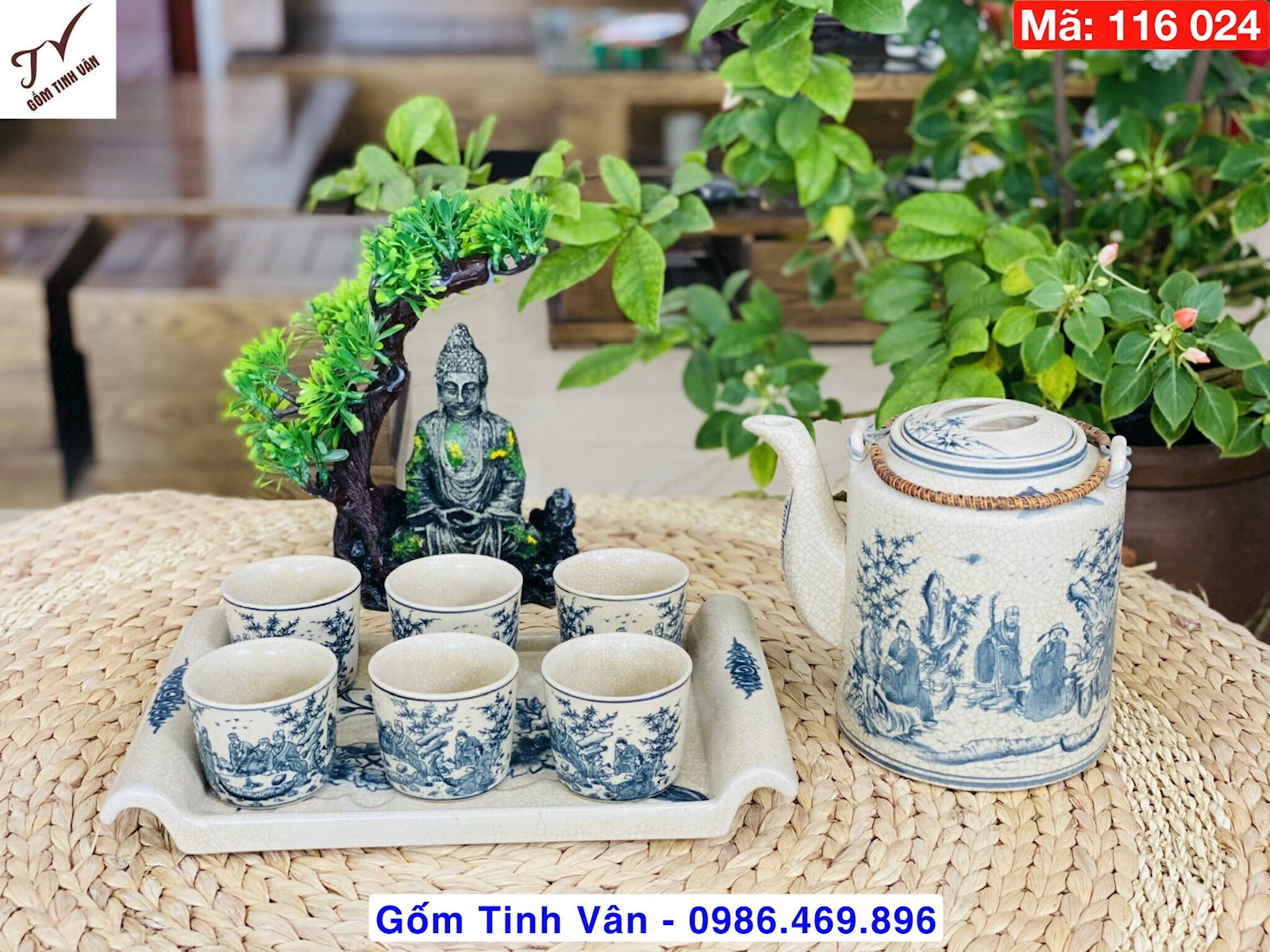 Bộ ấm tích pha trà xanh men rạn cổ, mã 116024, đủ cỡ 0,7-1-1,5 lit, vẽ tay chuồn chuồn, chim hoa, sen, cúc, trúc lâm thất hiền, 1 bộ gồm 1 ấm, 6 ly, 7 đĩa, ấm chén ủ trà gốm bát tràng tinh vân