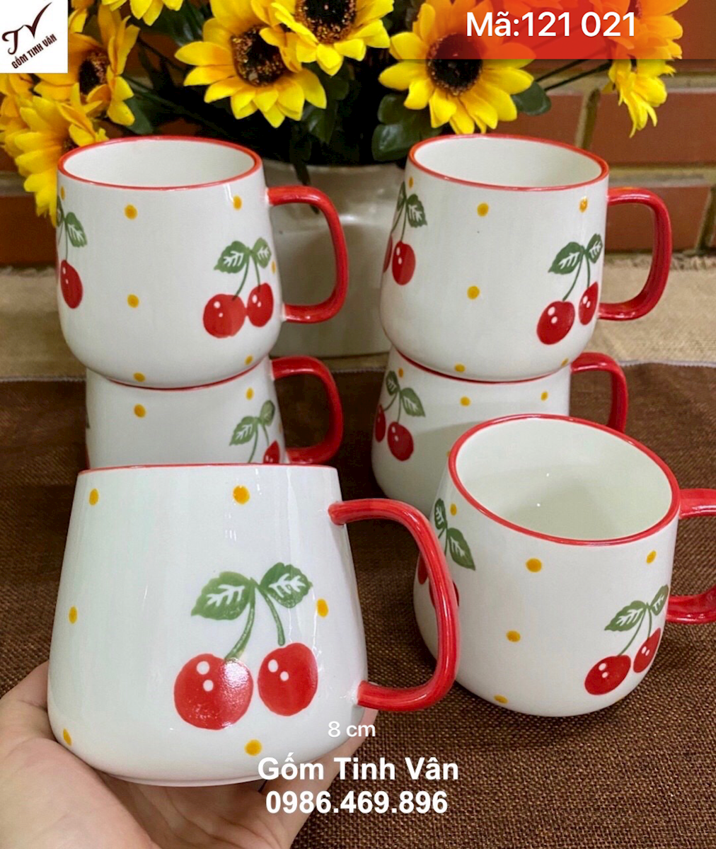 Bộ 6 ly sứ men trắng vẽ cherry đỏ cute, mã 121021, dung tích 200ml, cao 8 cm, cốc trà gốm bát tràng cao cấp