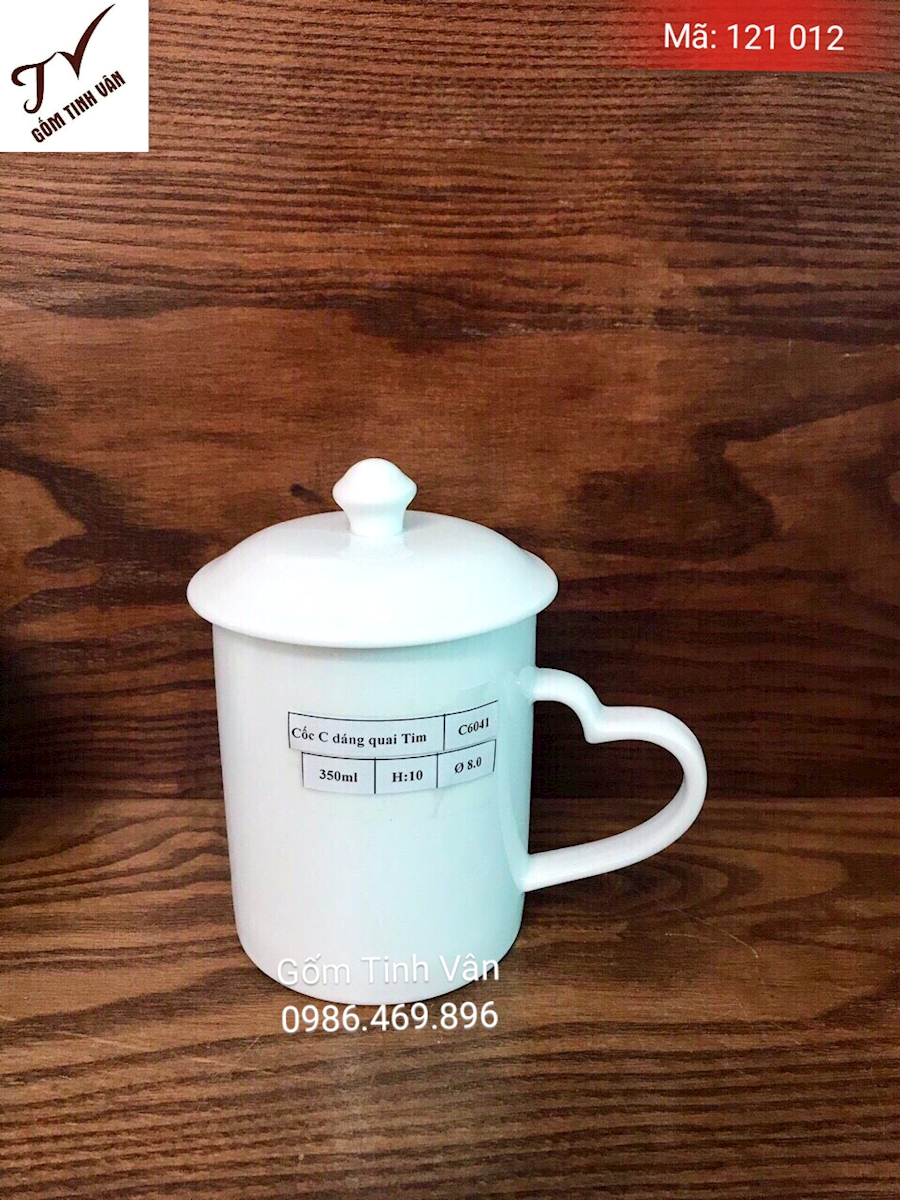 Ly sứ trắng, cốc C dáng quai tim, mã 121012, dung tích 350ml, cao 10 cm, đường kính 8 cm, in logo, quà tặng, gốm sứ bát tràng tinh vân