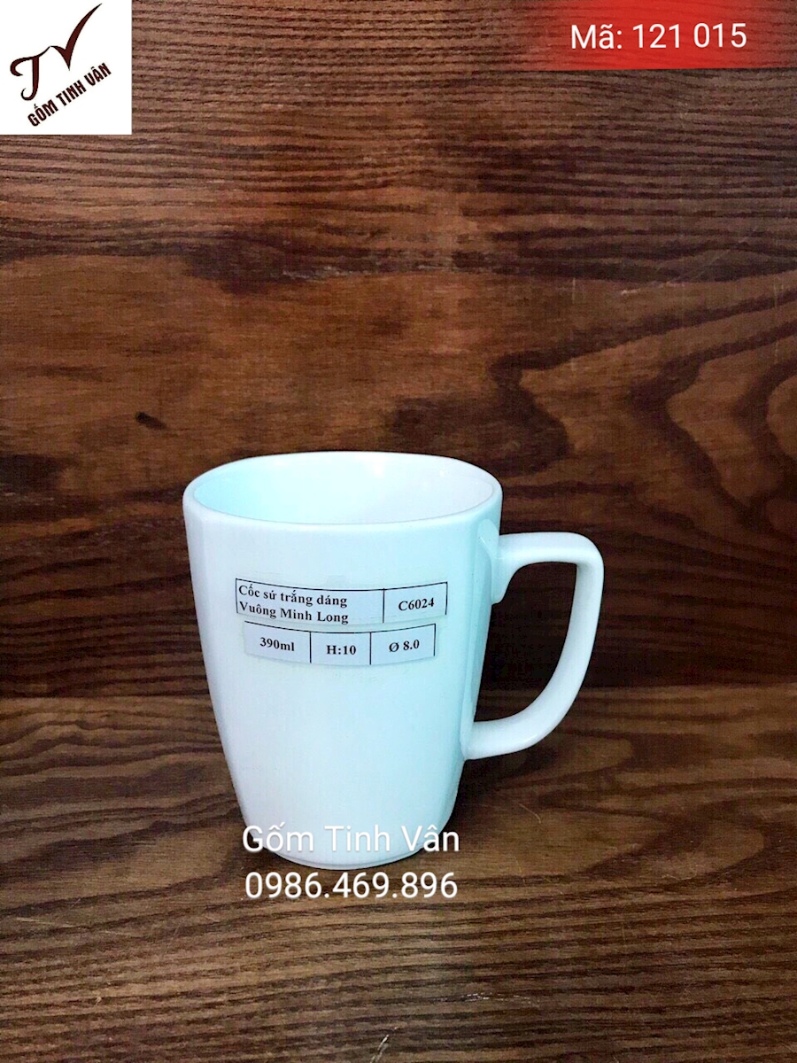 Ly sứ trắng, cốc sứ dáng vuông, mã 121015, dung tích 390ml, cao 10 cm, đường kính 8 cm, in logo, quà tặng, gốm sứ bát tràng tinh vân
