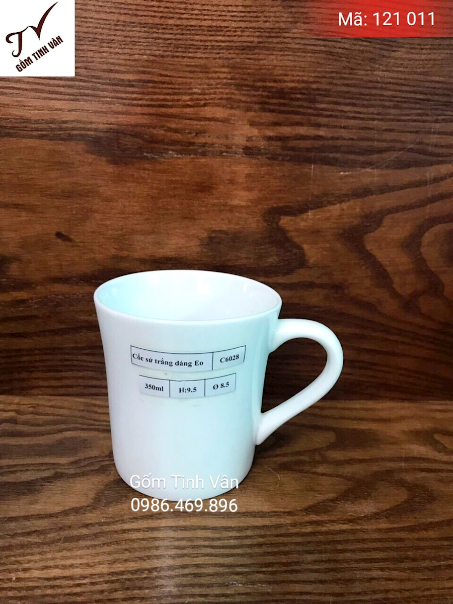 Ly sứ trắng, cốc sứ dáng eo, mã 121011, dung tích 350ml, cao 9,5 cm, đường kính 8,5 cm, in logo, quà tặng, gốm sứ bát tràng tinh vân