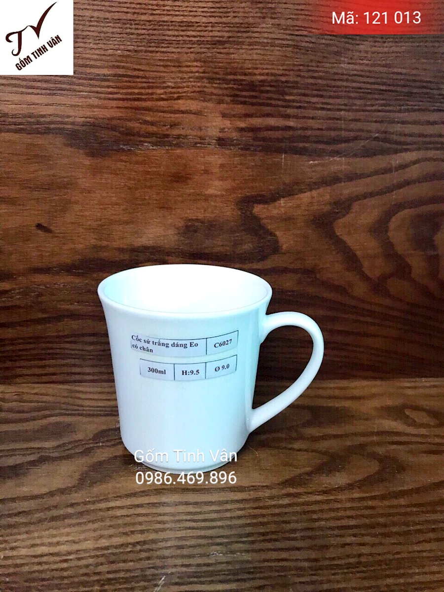 Ly sứ trắng, cốc sứ dáng eo, mã 121013, dung tích 300ml, cao 9,5 cm, đường kính 9 cm, in logo, quà tặng, gốm sứ bát tràng tinh vân