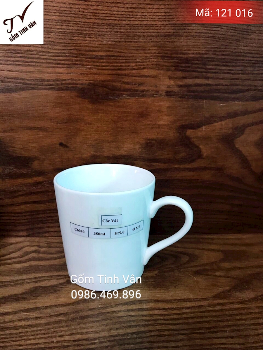 Ly sứ trắng, cốc sứ dáng vắt, mã 121016, dung tích 350ml, cao 9 cm, đường kính 8,5 cm, in logo, quà tặng, gốm sứ bát tràng tinh vân