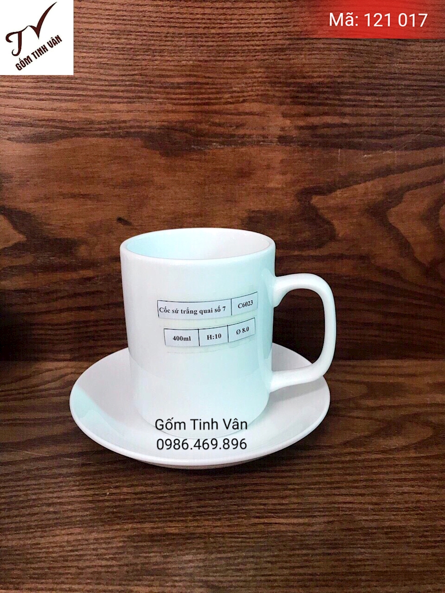 Ly sứ trắng, cốc sứ trắng quai số 7, mã 121017, dung tích 400ml, cao 10 cm, đường kính 8 cm, in logo, quà tặng, gốm sứ bát tràng tinh vân