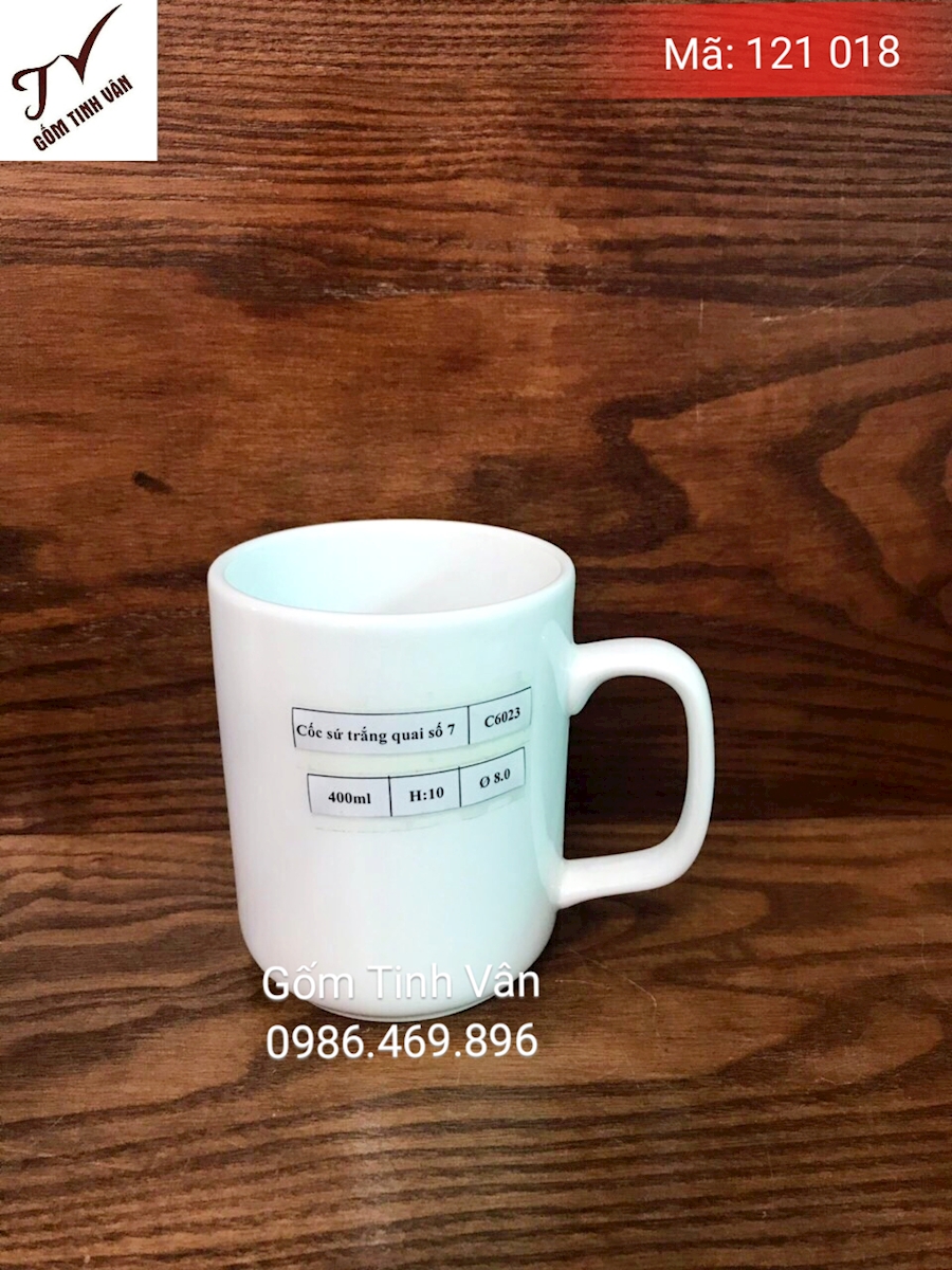 Ly sứ trắng, cốc sứ dáng eo, mã 121018, dung tích 400ml, cao 10 cm, đường kính 8 cm, in logo, quà tặng, gốm sứ bát tràng tinh vân