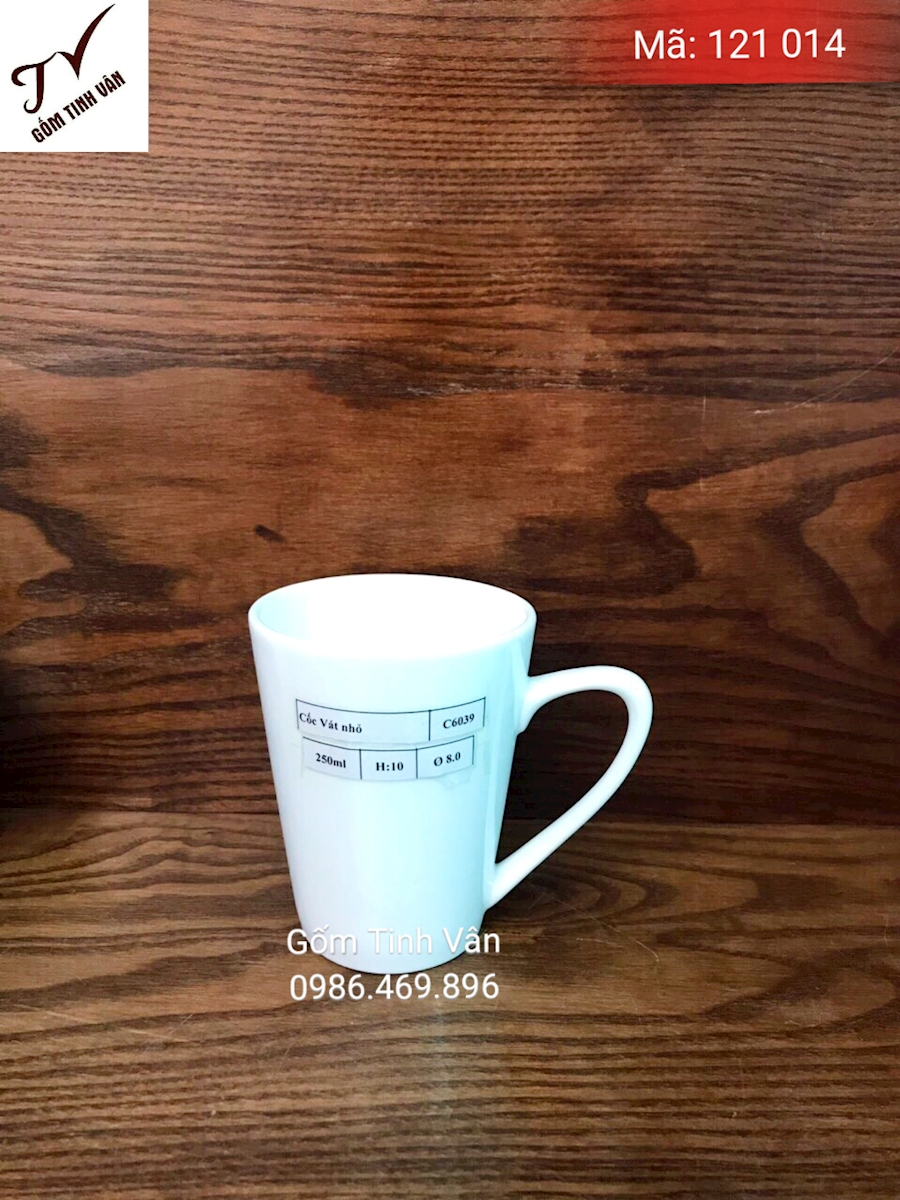 Ly sứ trắng, cốc vắt nhỏ, mã 121014, dung tích 250ml, cao 10 cm, đường kính 8 cm, in logo, quà tặng, gốm sứ bát tràng tinh vân