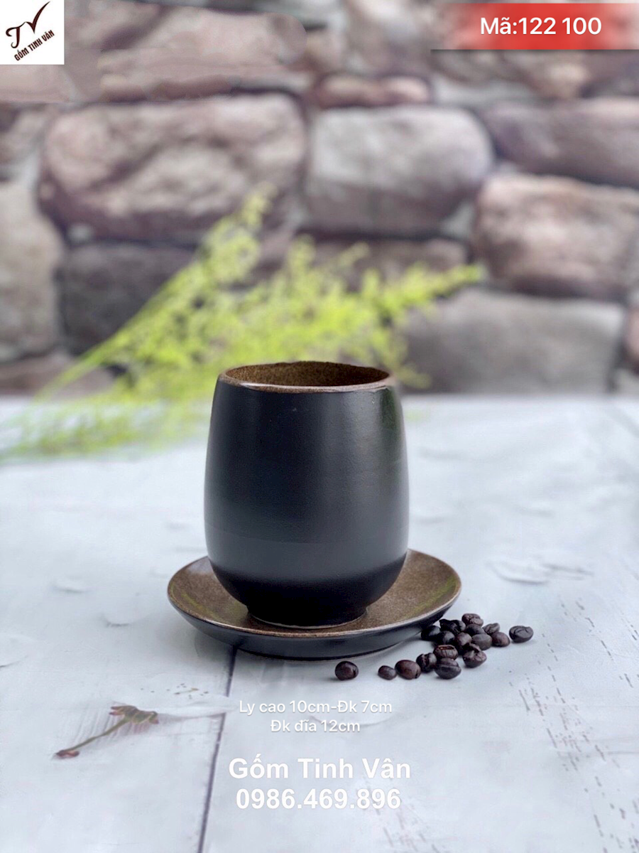 Ly trà lipton, tách cafe đá, ca bia, mã 122100, cao 10 đường kính 7 cm, vân gốm vuốt màu nâu đen, đĩa kê đường kính 12 cm, ly sứ quán cafe, nhà hàng sang trọng, cốc trà gốm tinh vân