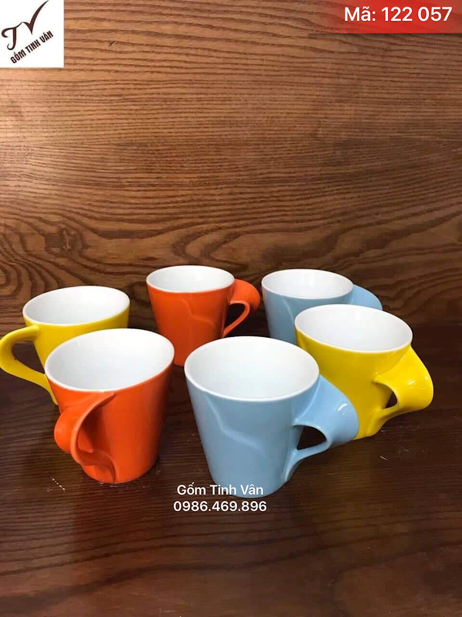 Bộ 6 ly sứ, mã 122057, bảy sắc cầu vồng, ly trà, cafe quai xoắn, dung tích 150ml, gốm tinh vân bát tràng