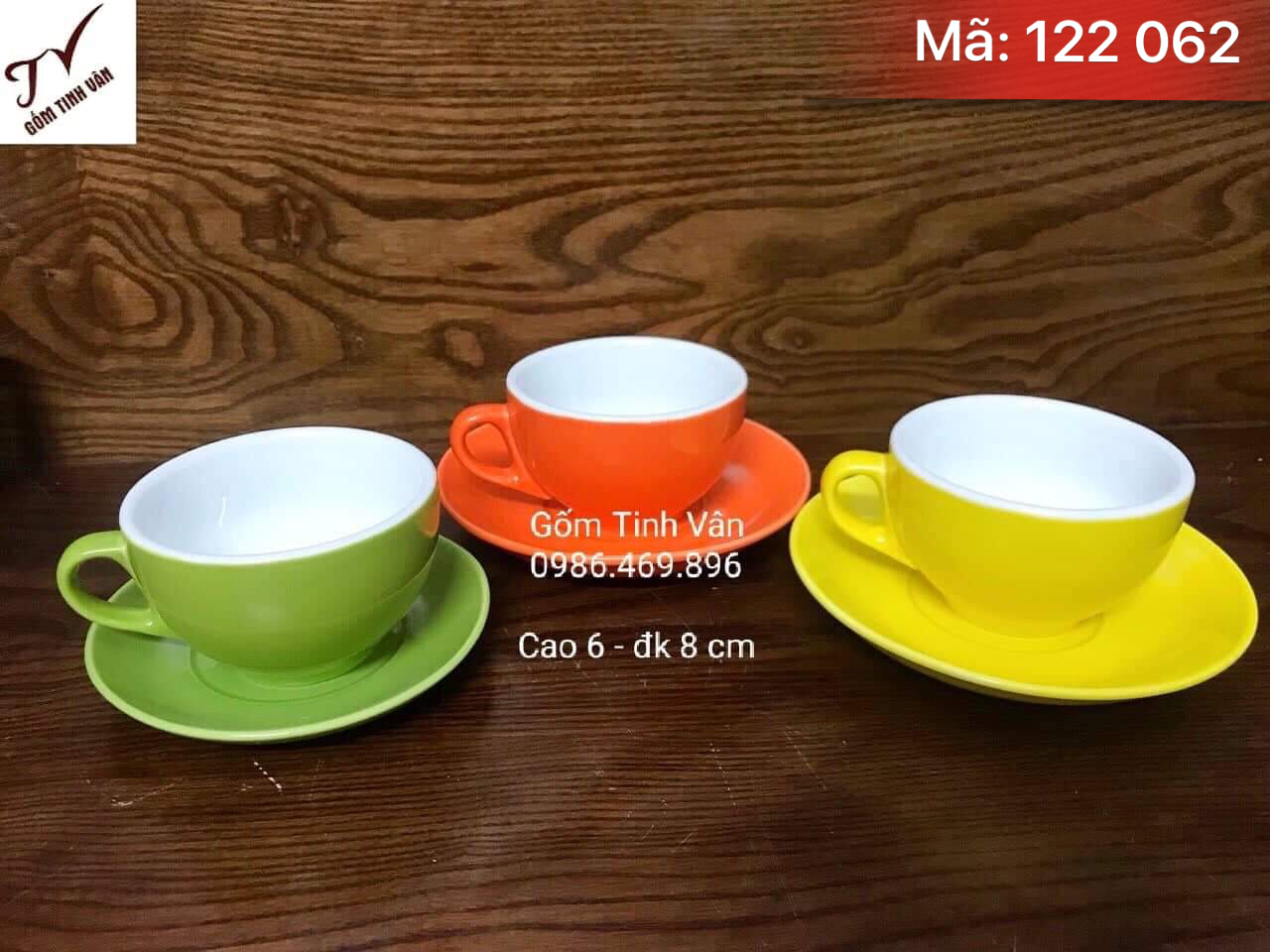Ly cafe men màu, mã 122062, men xanh cốm, đỏ, vàng, ly capuchino, cao 6 dk 8 cm dung tích 150ml, có đĩa kê, in logo quán, nhà hàng, gốm sứ bát tràng, tinh vân