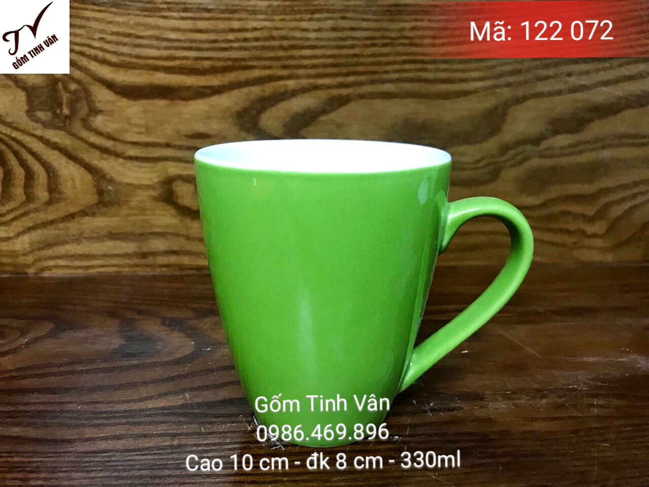 Ly sứ men xanh lá, mã 122072, cao 10, đk 8 cm, 330ml, cốc cafe, trà lipton, in logo, gốm sứ bát tràng, tinh vân