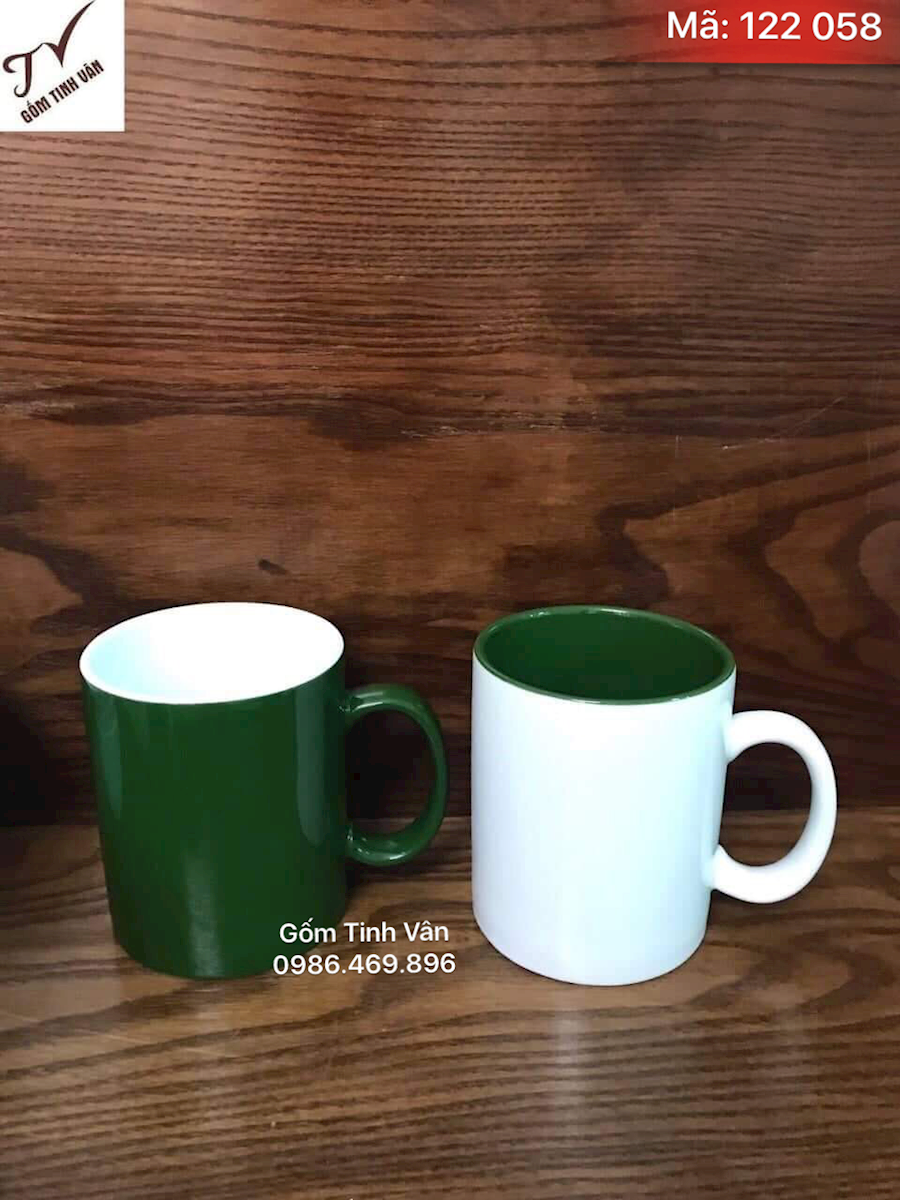 Ly sứ quai C, mã 122058, dung tích 330ml, cao 10 cm đk 8 cm,  men trắng và xanh lục, in logo quà tặng, gốm bát tràng, tinh vân