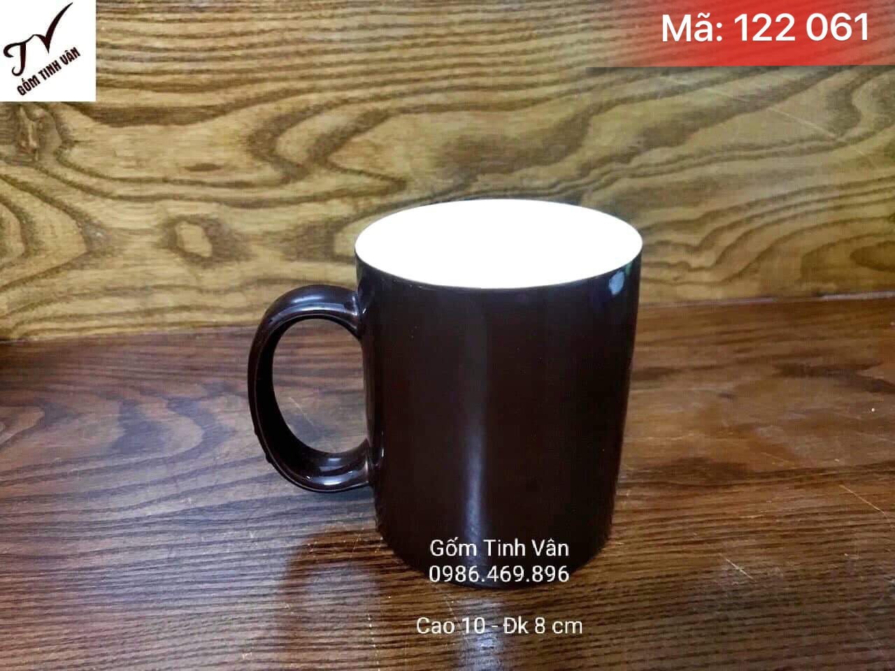 Ly sứ quai C, mã 122061, men nâu bóng, cao 10 đường kính 8 cm, dung tích 330ml, ly trà, cafe, in logo nhà hàng, quà tặng, gốm sứ bát tràng, tinh vân