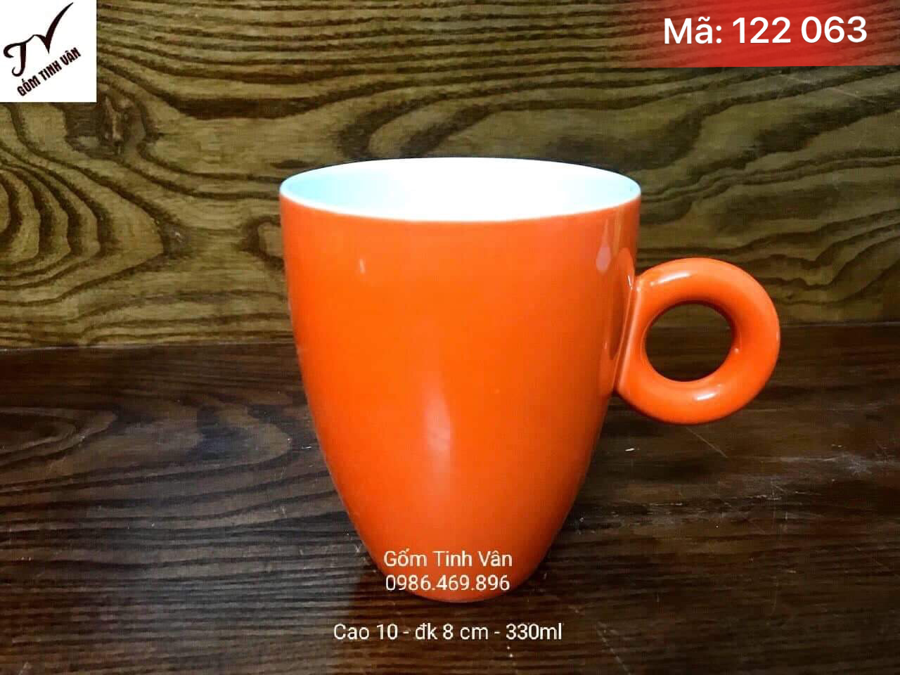 Ly sứ quai tròn men cam, mã 122063, cao 10 đk 8 cm, dung tích 330ml, ly trà đá, cafe đá, in logo quà tặng, gốm sứ bát tràng ,tinh vân