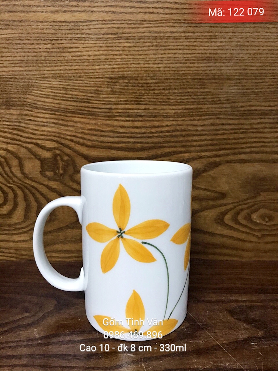 Ly sứ trắng hoạ tiết hoa 5 cánh cam vẽ tay, mã 122079, cao 10 đk 8 cm, dung tích 330ml, ly trà đá, cafe đá, in logo quà tặng, gốm sứ bát tràng ,tinh vân