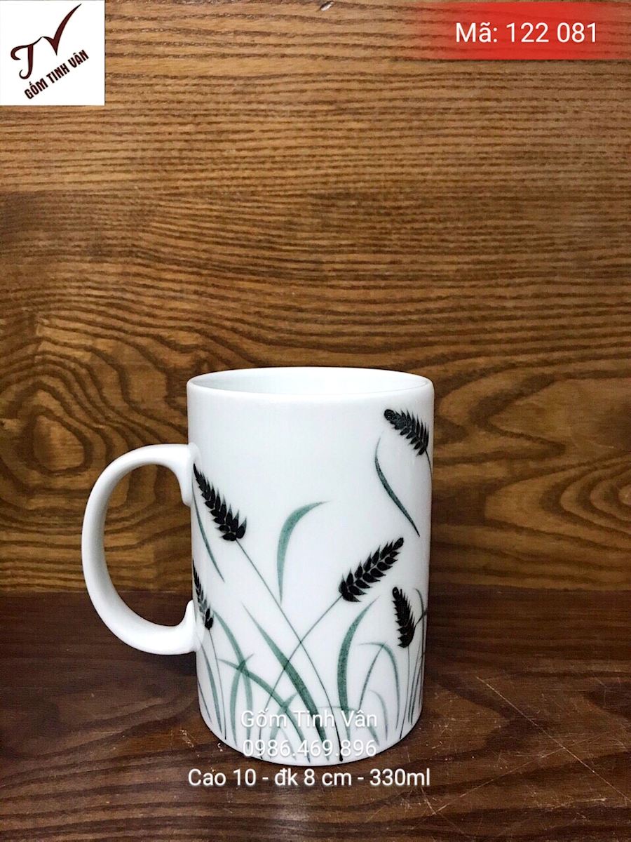 Ly sứ trắng hoạ tiết vẽ tay cỏ bông lau màu đen , mã 122081, cao 10, đk 8 cm, 330ml, cốc cafe, trà lipton, in logo, gốm sứ bát tràng, tinh vân