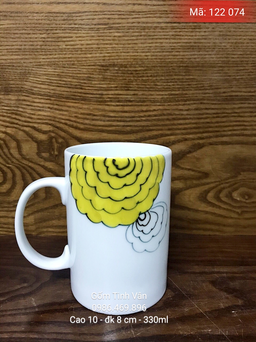Ly sứ trắng hoạ tiết vẽ tay độc đáo , mã 122074, cao 10, đk 8 cm, 330ml, cốc cafe, trà lipton, in logo, gốm sứ bát tràng, tinh vân