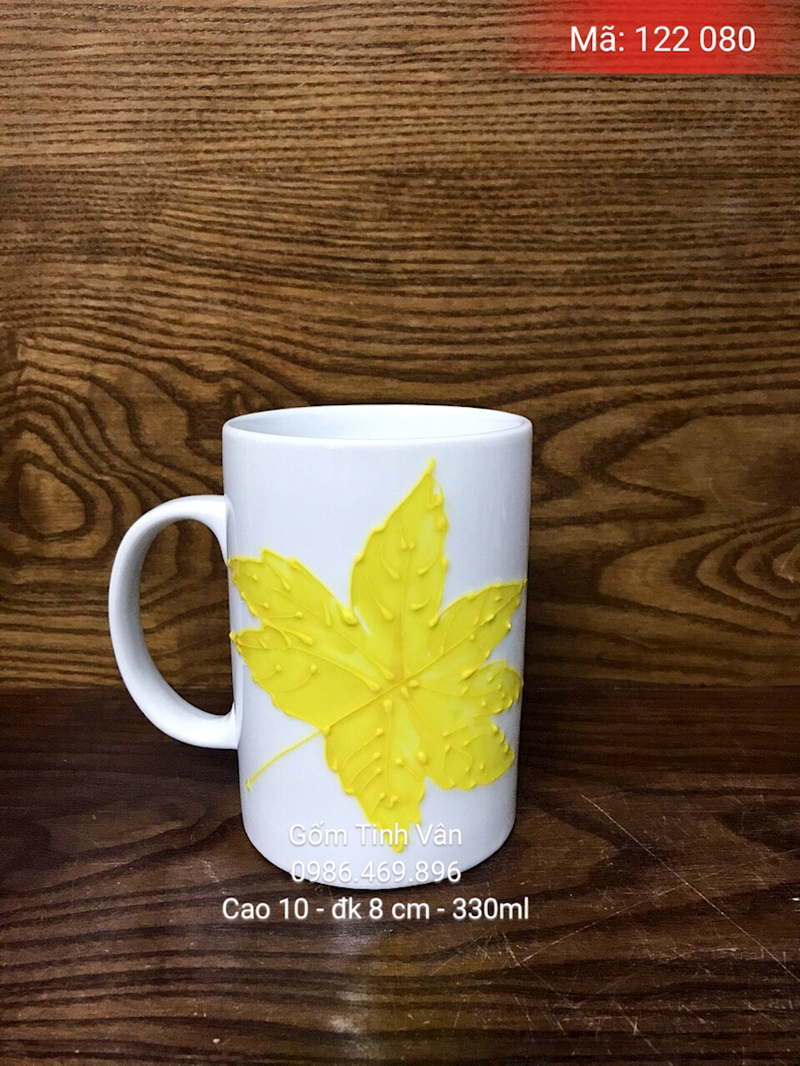 Ly sứ trắng vẽ tay lá phong màu vàng, mã 122080, cao 10 đk 8 cm, dung tích 330ml, ly trà đá, cafe đá, in logo quà tặng, gốm sứ bát tràng ,tinh vân