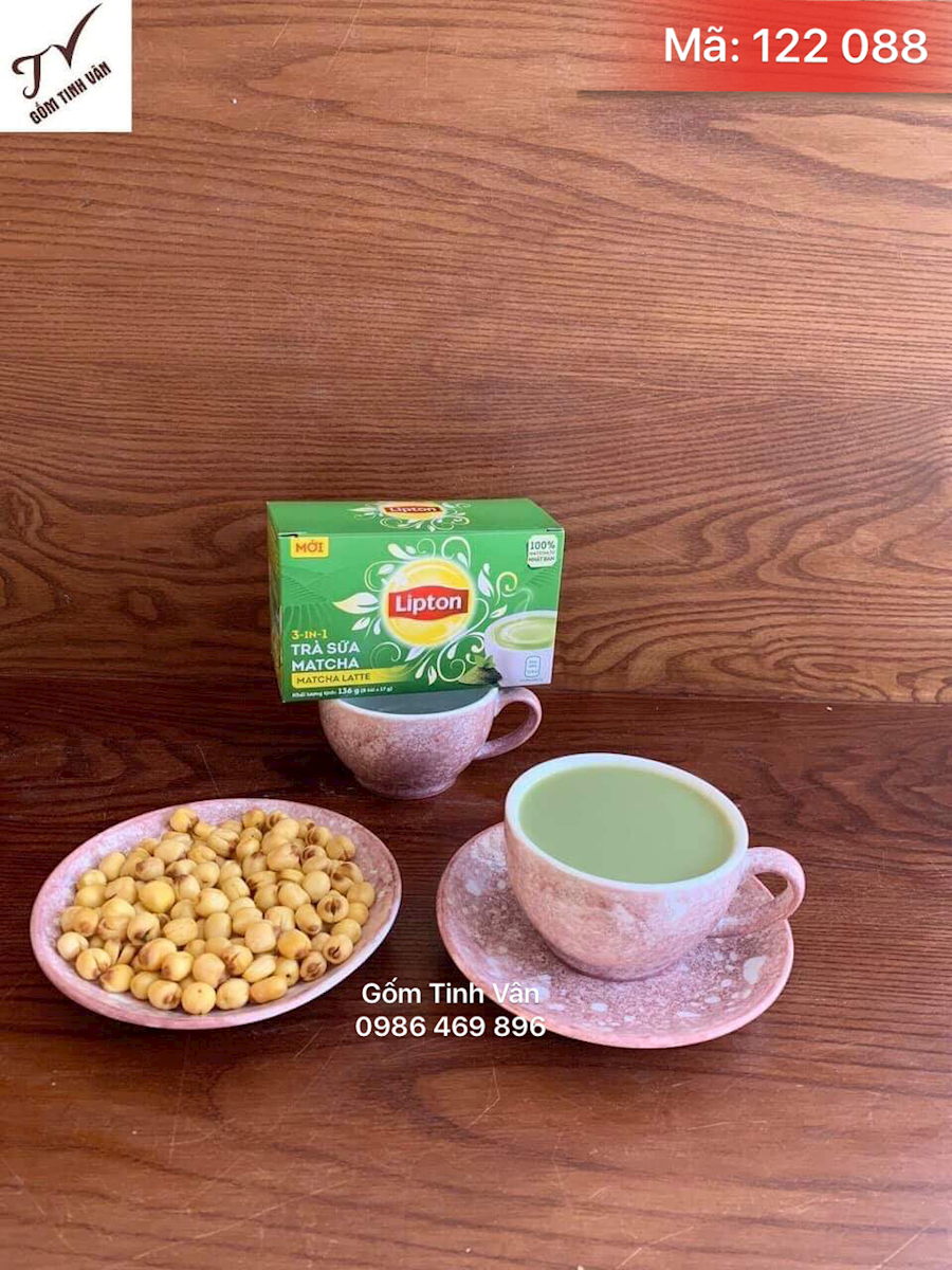 Set ly cafe capuchino và đĩa đựng hạt sen đk 15 cm, mã 122088, men hồng đá, dung tích 150ml, gốm bát tràng, tinh vân
