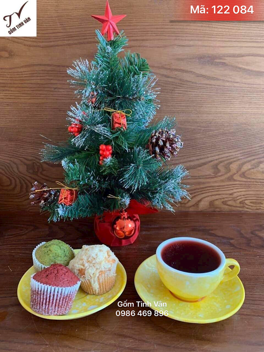 Set ly cafe và đĩa bánh đk 15 cm, mã 122084, men vàng đá, gốm bát tràng, tinh vân