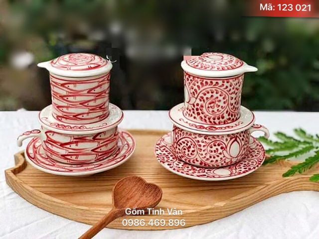 Bộ 2 phin pha cafe, mã 123021, vẽ cá đàn và hoa dây đỏ, gốm sứ bát tràng, tinh vân