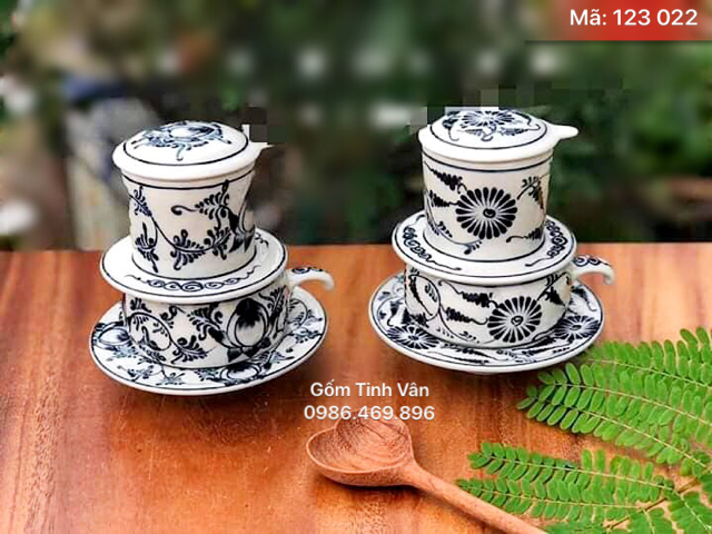Bộ 2 phin pha cafe, mã 123022, vẽ hoa sen và hoa cúc đen, gốm sứ bát tràng, tinh vân