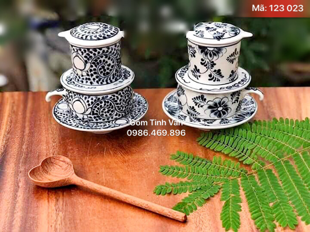 Bộ 2 phin pha cafe, mã 123023, vẽ hoa dây xanh đen, gốm sứ bát tràng, tinh vân